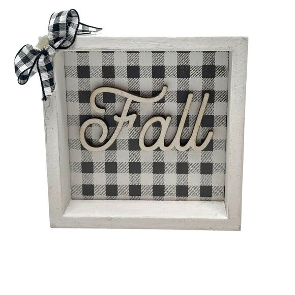 Mini Fall Buffalo Plaid Wood Sign Farmhouse Decor Black White Gingham Bow Autumn - Picture 1 of 8